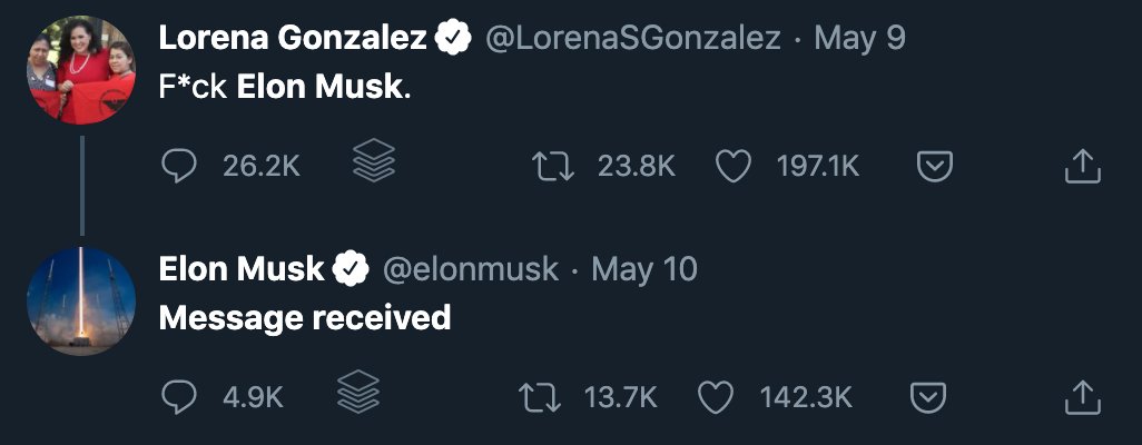 Kaliforniya Eyalet Meclisi Demokrat Parti Üyesi Lorena Gonzalez ve Elon Musk arasında 2020 yılında Twitter üzerinden gerçekleşen bir atışma. Musk yine aynı sene Kaliformiya'nın politikaları yüzünden Tesla'yı Teksas'a taşıma kararı almıştı.