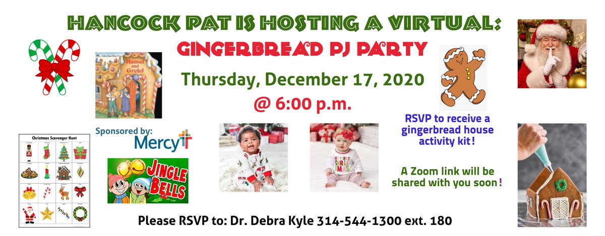 Hancock PAT is hosting: "Gingerbread PJ Party" on Thurs., Dec. 17 at 6 pm. Please RSVP to reserve your gingerbread house activity kit prior to the party. Santa will be there! A Zoom link will be shared soon. You better watch out, better not miss out...put on your PJs and join us!