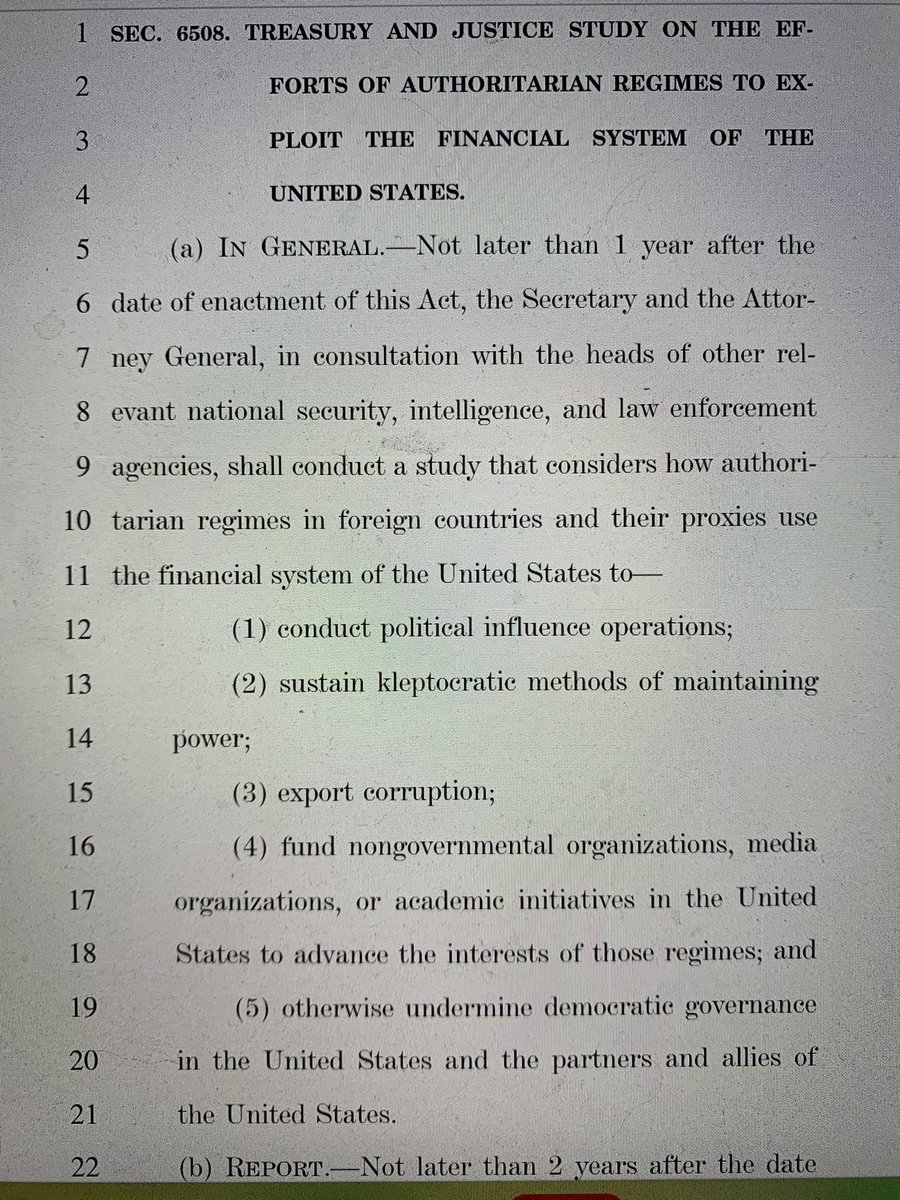 Not enough forthcoming reports on kleptocracy for you? This instructs Treasury and DOJ to spend two years looking at how authoritarian regimes are able to exploit the US financial system for various nefarious ends.