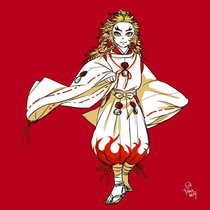 逆名🐟️💦さんがTwitterに投稿した煉獄杏寿郎(鬼滅の刃)のイラスト。