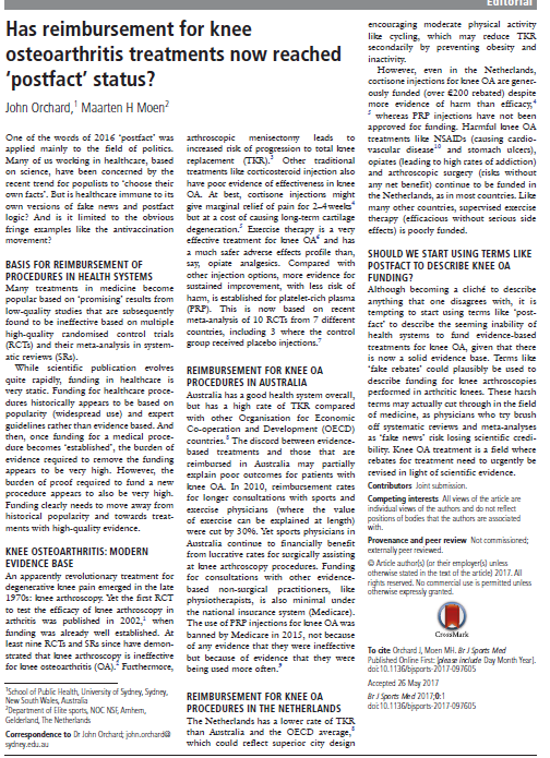 BJSM 2017: Has reimbursement for knee osteoarthritis treatments now reached 'postfact' status?