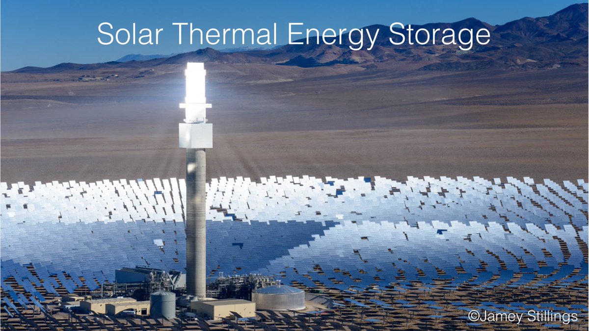 Solar energy is stored in tanks of molten salt to power ~100,000 homes during the day and after the sun sets.I think of it like a gigantic thermos. In the morning you fill up your thermos with hot coffee, and later in the afternoon when you need a boost in energy... 2/n