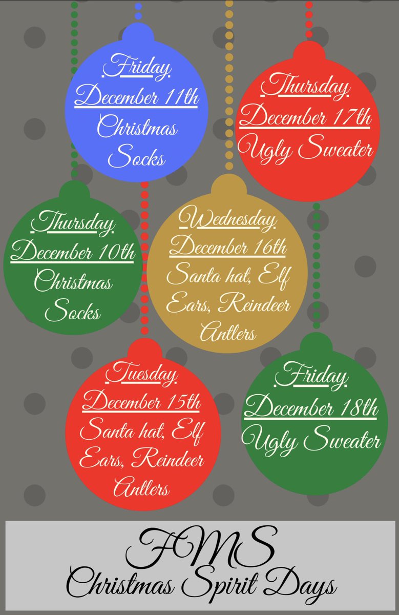 FmsKnights1's tweet photo. FMS Christmas Spirit days start Thursday, December 10th with Christmas socks. Joins us for each day @TheKnightWay https://t.co/hojH1F6tOE