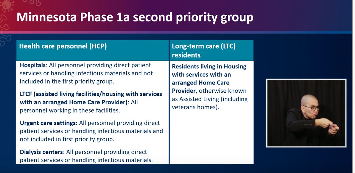 Here's the state workgroup's recommended priorities within 1a. Priority needed because, for example, there are an estimated 500,000 people in group 1a, and current estimate of 183,000 vaccines in first month. Deleted last tweet bc these slides more informative.