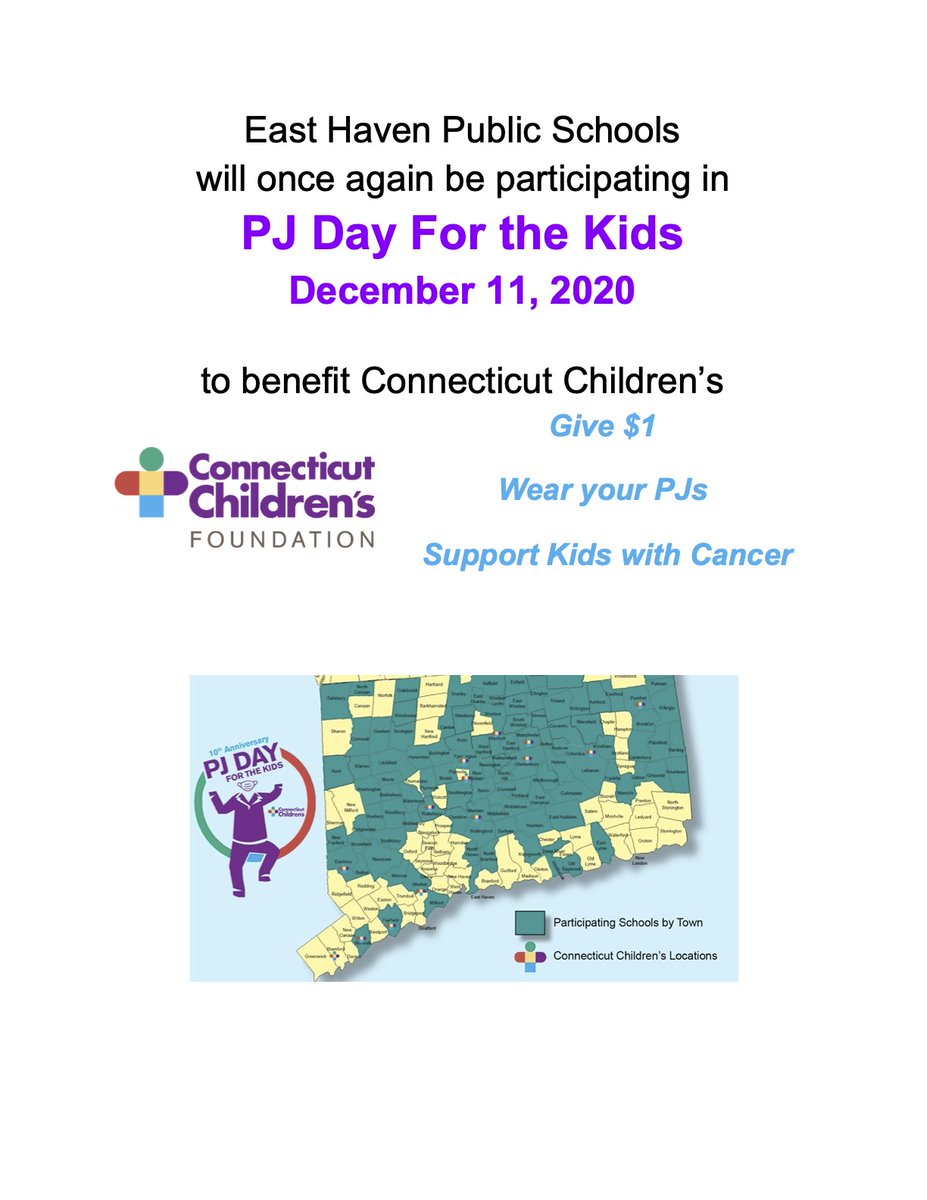 On Friday, December 11th, EHHS will be participating in PJ Day for the Kids. Students and staff should wear pajamas and donate a minimum of $1 to support children fighting cancer and the Connecticut Children's Foundation. Donations will be collected during Block 2. Join in!