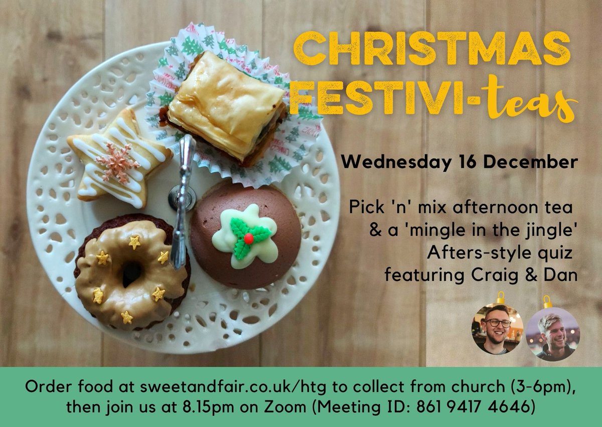 HTGChurch's tweet image. We hope you're looking forward to our Christmas social - a fun quiz on zoom and a pick 'n' mix afternoon tea! There's no need to book for the quiz, but if you want to enjoy some festive treats, availability is limited so book before they run out!
ow.ly/bBQG50CC5pd