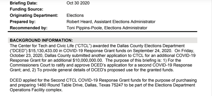 Dallas County, Texas, spent $250,000 on food for election workers. They also requested $10 million to buy a building.