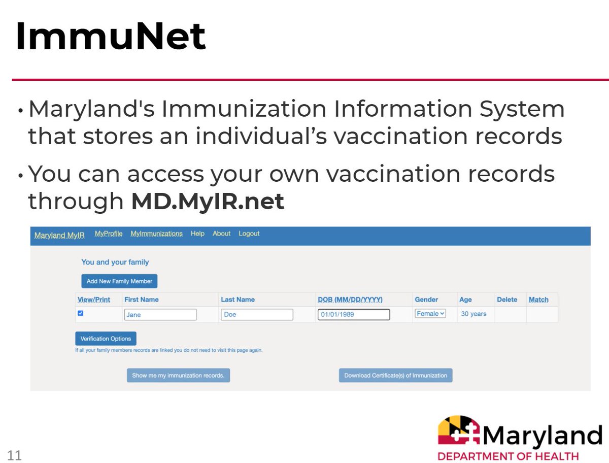 8. ImmuNet is the cornerstone of our immunization provider system. It's what providers will use to order vaccines. It also stores immunization records. You can access your vaccination records at  http://MD.MyIR.net&nbsp;.