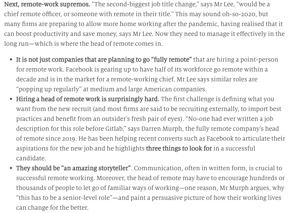 darrenmurph's tweet photo. 🌏 This Is Happening 🌍 

I was interviewed by @TheEconomist on @gitlab pioneering  the Head of Remote role.

Progressive firms will hire a senior leader to oversee remote transitions + draft a vision for a more flexible workplace experience. #remotework 

https://t.co/6oJrZ15xVx https://t.co/v3SwCIitpI