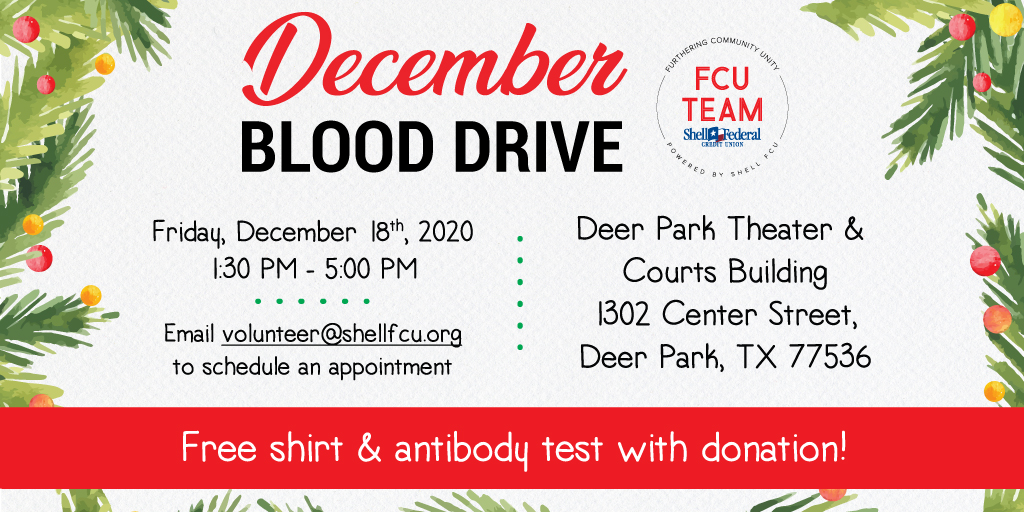 FCUTeam's tweet image. Email volunteer@shellfcu.org to sign up for our December #BloodDrive!🎅🏽

🗓 Friday, December 18th, 2020
📍 1302 Center Street, Deer Park, TX 77536