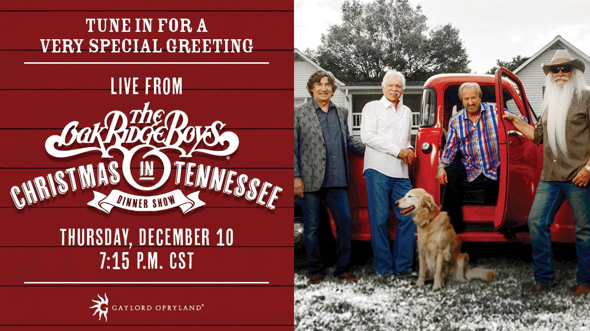 Tune in this Thursday night from 7:15-7:20pm CST for a special holiday greeting – LIVE from our Christmas dinner show in Nashville! @GaylordOpryland #JingleBells #ChristmasinTennessee facebook.com/229103015920/p…