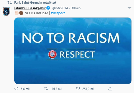 ✊🏻✊🏿 NO AL RACISMO

El mensaje del ISTANBUL que también comparte el PSG en sus redes tras la SUSPENSIÓN del partido.

¡A las 12 arranca <a href="/elchiringuitotv/">El Chiringuito TV</a> !