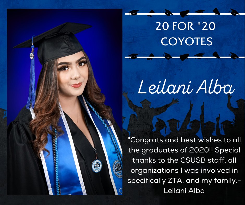 CSUSBAlumni's tweet photo. Congratulations Leilani Alba '20 🎓 ! We can't wait to see what the future has in store for you and the entire #CSUSB class of 2020 🐺!
-
#CSUSBGrad20 #2020CoyoteStrongGrad #CSUSB https://t.co/Ujrn5qKCOz
