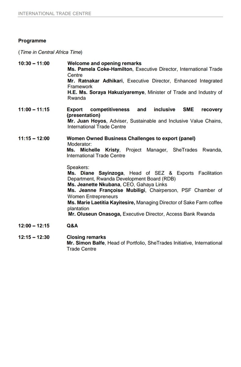 Join the virtual launch of <a href="/RwandaTrade/">Min of Trade |Rwanda</a> <a href="/ITCnews/">International Trade Centre (ITC)</a> #SheTrades Rwanda project financed by <a href="/EIF4LDCs/">Enhanced Integrated Framework</a> this Thursday, 10 Dec at 9.30 am - 11.30 am CET.
Register here: bit.ly/3pMHKey
See 👇🏽 the concept note and angenda.