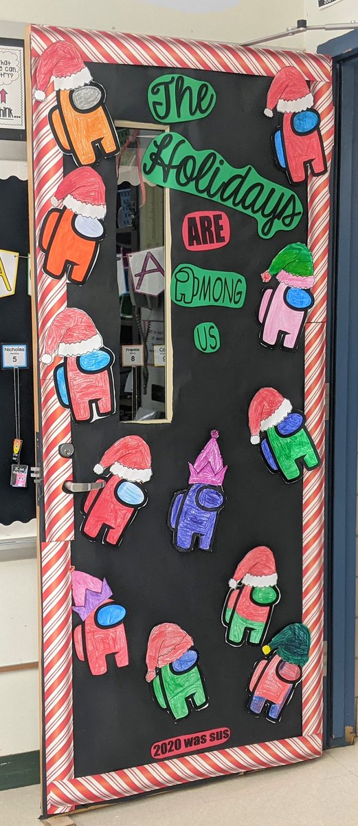 MissJanto's tweet photo. The Holidays are Among us. That's right folks, 2020 sure was sus. 😉😆 #doordecorating #amongus #firstgrade https://t.co/6PqWiIqbAX