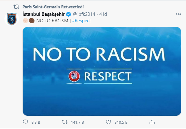 ✊🏻✊🏿PSG, temsilcimiz Medipol Başakşehir'in ırkçılık karşıtı gönderisini sosyal medya hesabından paylaştı.