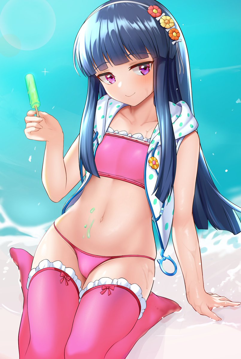 1girl bikini blue hair food hairband long hair looking at viewer  illustration images