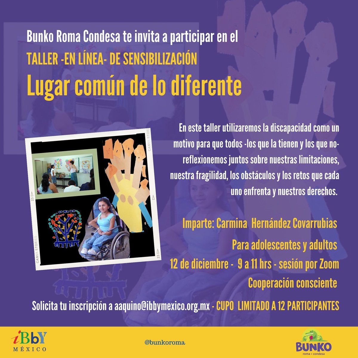 "Lugar común de lo diferente" es un taller pensado para todas las personas interesadas en generar espacios seguros, a través de la reflexión sobre nuestras propias limitaciones. Imparte Carmina Hernández. Inscripciones a aaquino@ibbymexico.org.mx ¡No te lo pierdas! 💛