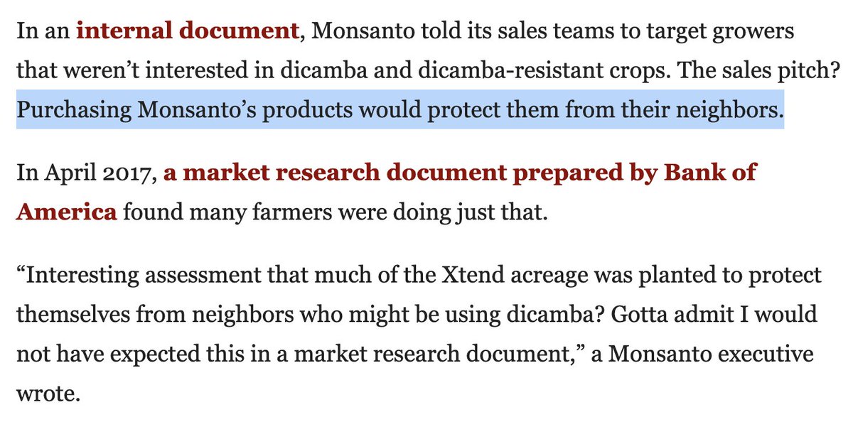 According to this piece, citing internal documents, they explicitly used dicamba's tendency to volatilize and harm neighbors crops as a linchpin for marketing dicamba-tolerant soybeans & cotton.