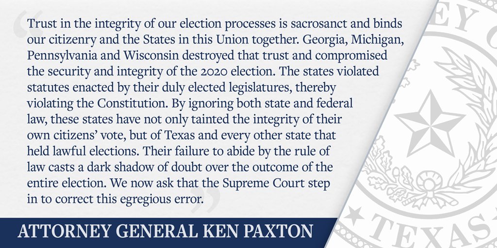 ICYMI: Today I sued Georgia, Michigan, Pennsylvania and Wisconsin for exploiting the #COVID19 pandemic to justify ignoring federal and state election laws and unlawfully enacting last-minute changes, thus skewing the results of the 2020 General Election ➡️ texasattorneygeneral.gov/news/releases/…