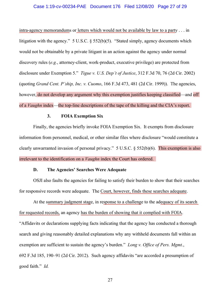 FOIA exemptions, failed to articulate -Nat Sec Act, specifically §3024(m) how limited disclosure of info already disclosed byTrumpPencePompeoHaspel“Defendants’ suggestion to this effect is conclusory only. This exemption does not protect these items from disclosure”