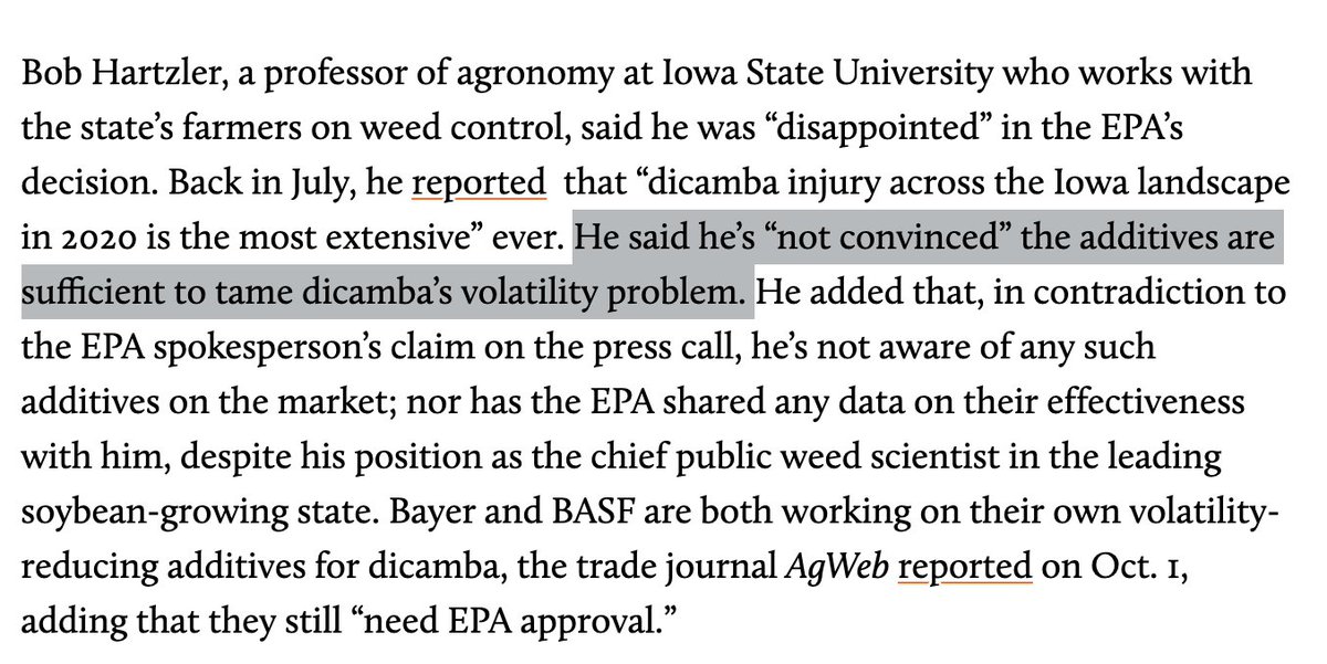 Bob Hartzler, an eminent Iowa State University weed expert (and very early whistleblower on Monsanto's false claim that glyphosate resistance would *never* be a problem) told me this:  https://www.motherjones.com/politics/2020/10/as-election-day-nears-trumps-epa-chief-gives-georgia-cotton-farmers-the-gift-of-a-nasty-pesticide/