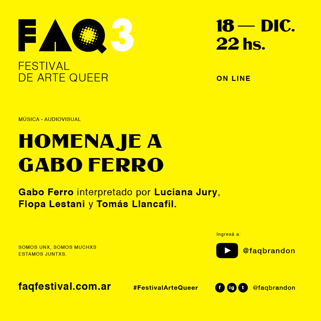 ✨ FAQ3 homenajea a Gabo Ferro ✨

Pieza audiovisual en donde Luciana Jury, Flopa Lestani y Tomás Llancanfil reversionan canciones de Gabo Ferro.