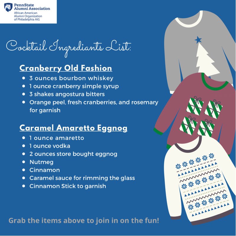 PSUAAAOPhilly's tweet photo. Join us for our Ugly Sweater Holiday Happy Hour! Due to COVID-19 restrictions, we are bringing these holiday cocktails to your living room!
#weare https://t.co/nc3rgZGCxF