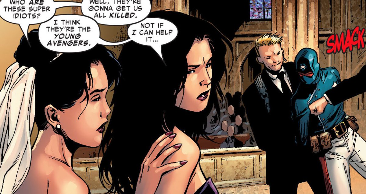 — kate first met the young avengers at her sister's wedding. she saved them with a throwing star.