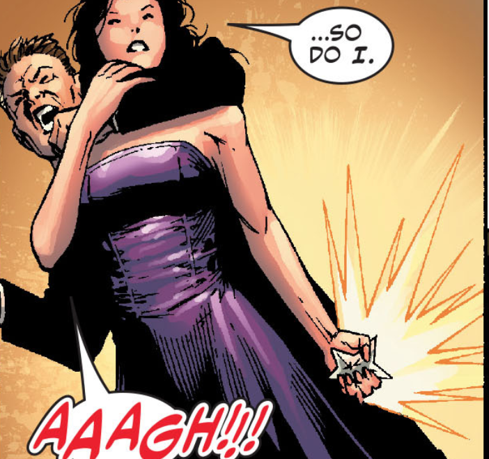 — kate first met the young avengers at her sister's wedding. she saved them with a throwing star.