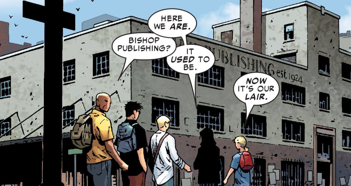 — after being told to disband by captain america, kate uses her father's money to take over bishop publishing to convert into their headquarters and to get new uniforms for the entire team.