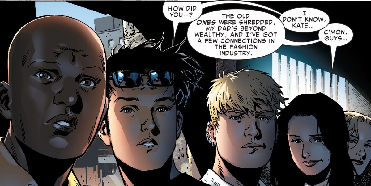 — after being told to disband by captain america, kate uses her father's money to take over bishop publishing to convert into their headquarters and to get new uniforms for the entire team.