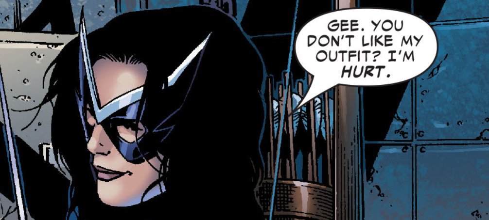 — kate's first suit consists of her bridesmaid dress from her sister's wedding and various weapons that she took from the avengers, including mockingbird's staves and swordman's sword.