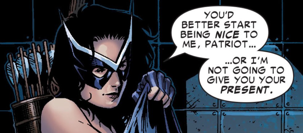 — kate's first suit consists of her bridesmaid dress from her sister's wedding and various weapons that she took from the avengers, including mockingbird's staves and swordman's sword.