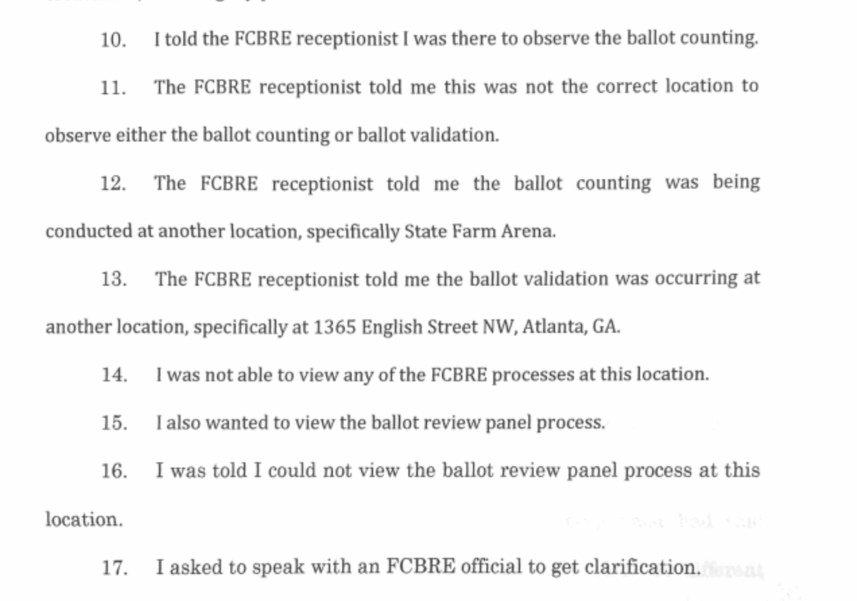 Affidavit that someone could not witness vote counting or validation because he was not at the place where vote counting or validation was happening.It's like getting mad when you can't order a Big Mac at Burger King.