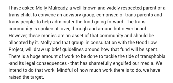 Maugham has now appointed Molly Mulready a parent of a transexual child to convene an advisory group to decide what to spend the money on.