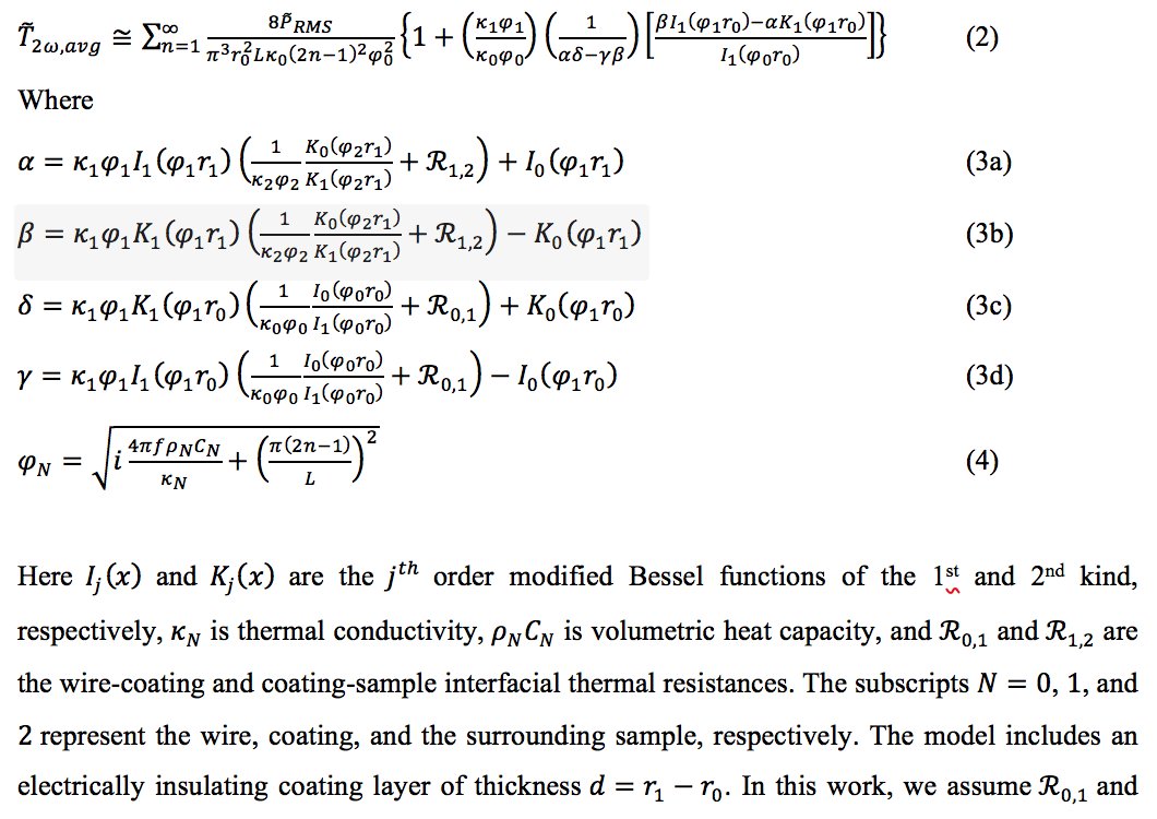 This is what the raw data looks like, which we fit to our thermal model shown in this ridiculously long, but good looking, equation. From the measured data and model, we can extract the molten salt's thermal conductivity!