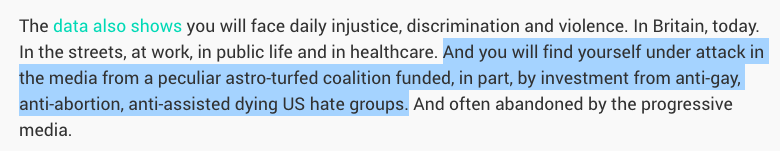 And also the usual stuff about an imaginary "astro-turfed coalition" funded by "by investment from anti-gay, anti-abortion, anti-assisted dying US hate groups"