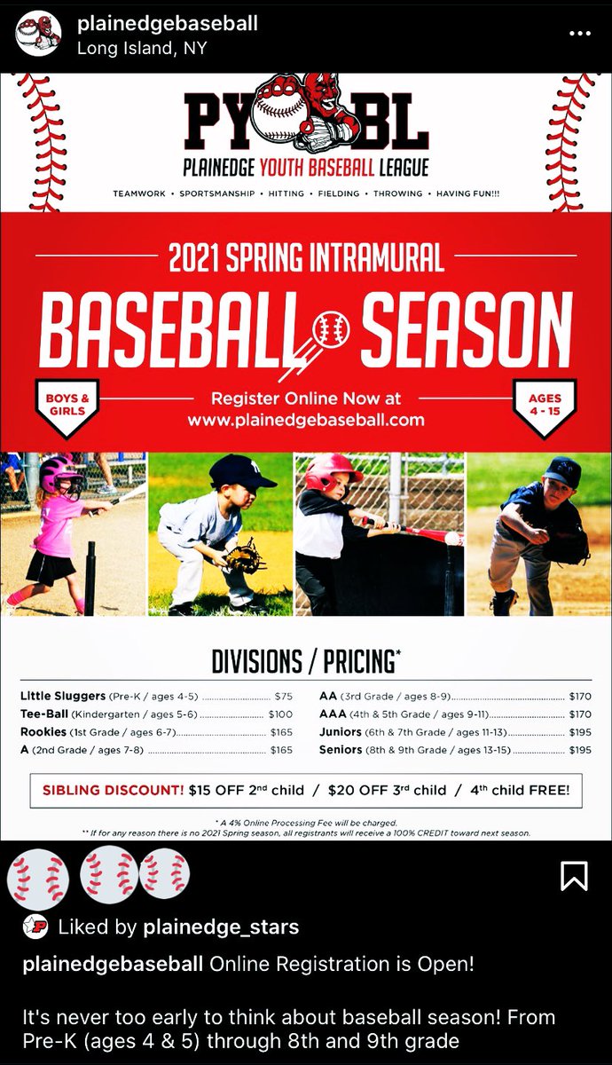 PYBLbaseball's tweet photo. Online Registration is Open!

PreK ages 4 &amp; 5
through 8th &amp; 9th grade

Register now for #2021 #Spring Intramural divisions &amp; programs at: https://t.co/QIp93m4jgS
 
#plainedgemoms #Plainedge 
#baseball⚾ #littleleague #NassauCounty #PlainedgePride #WeArePlainedge #plainedgestrong https://t.co/C3lwEh6Opb