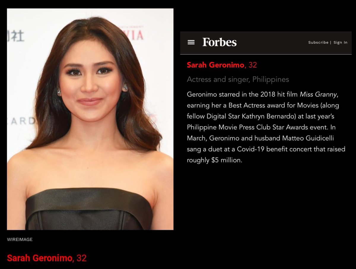 Forbes Asia evaluated the candidates’ combined social media reach &amp; engagement. Their recent work, impact &amp; advocacy, brand endorsements &amp; business endeavors &amp; their recognition profile on a local, regional &amp; global level were also considered.

<a href="/JustSarahG/">Sarah Geronimo</a> #100DigitalStars