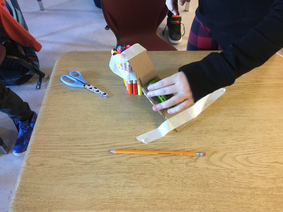 MissJenkins2019's tweet photo. Today in 2/3 science I had students apply their knowledge of inclined planes by building their own! Students built various types of ramps with cardboard and other unique materials 🖍📘 to test different angles and lengths and if it is easier or harder to move the 🚗🚙 @SMCDSB_SBE https://t.co/fcTLn7piqc