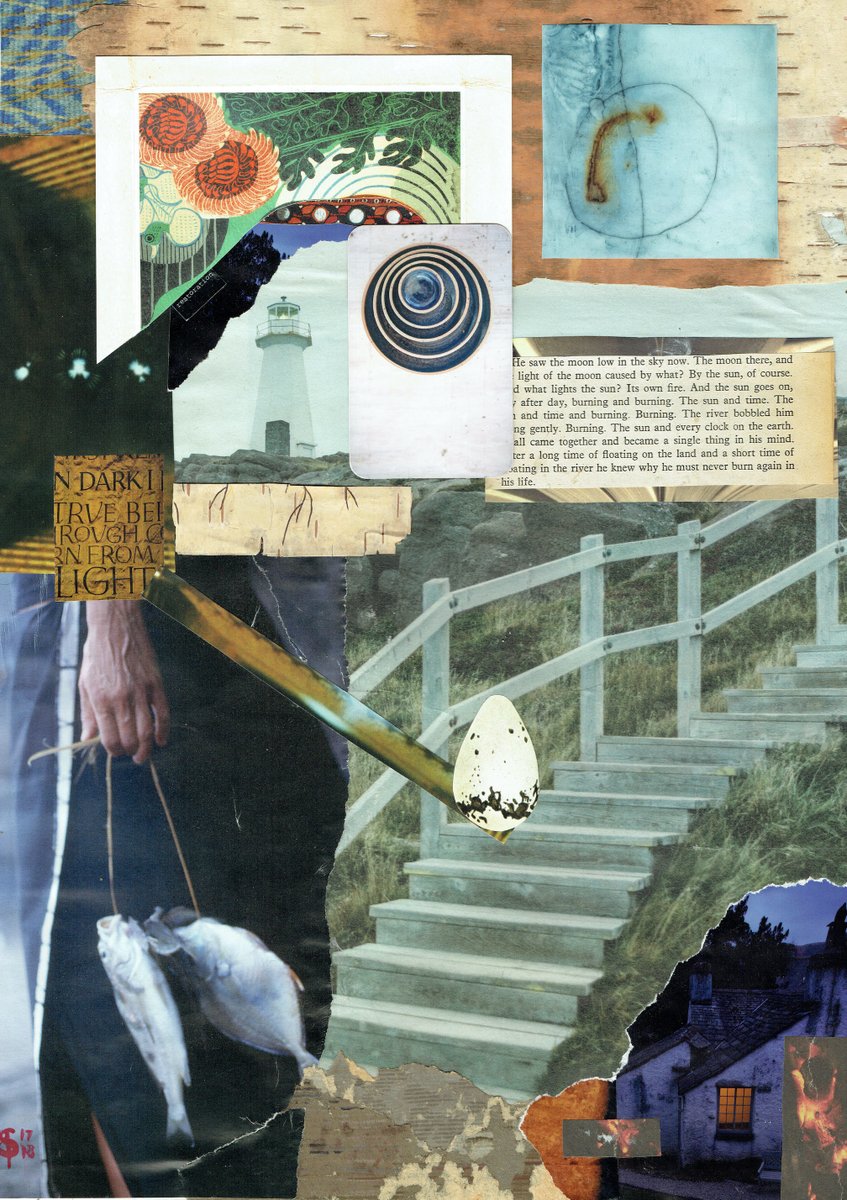 journeysinbtwn's tweet photo. 'Burn' : A writer's 'compost' ~ from discarded magazines & flyers to old wallpaper, birchbark and business cards; from a life in the far north & a house fire, I make collage. 10% of sales to @PlasticOceans #amwriting #betweenthewords #collage https://t.co/i9i1bT9Kqz https://t.co/C7O131QEfJ