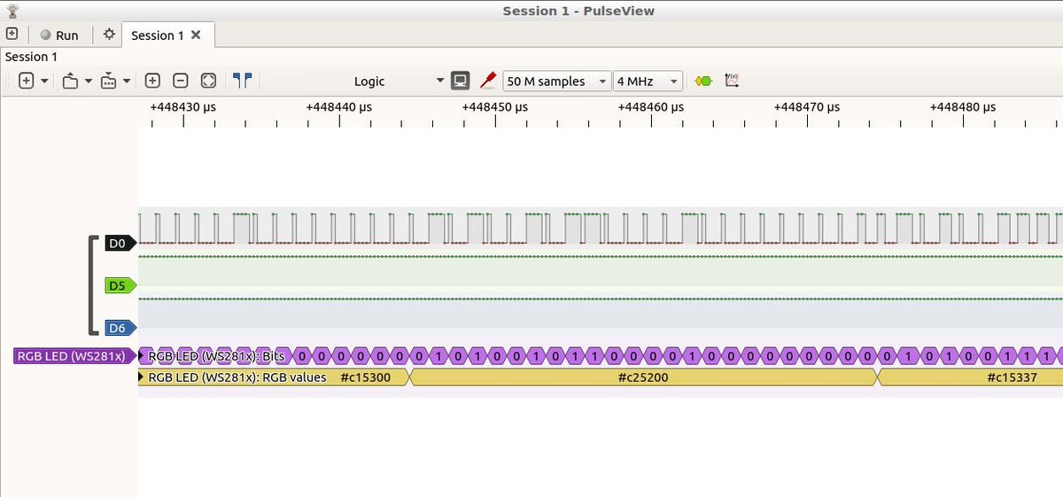 5ch4um1's tweet image. oh, this is nice, #pulseview even has a decoder for ws281x LEDs, you can see the value of each led... :)