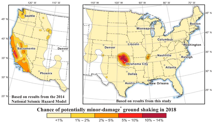 The USGS produces maps of hazard from wastewater induced earthquakes, and we continue to work on understanding the best ways to reduce the hazard from these human-caused quakes.  https://www.usgs.gov/natural-hazards/earthquake-hazards/science/hazard-estimation-induced-earthquakes