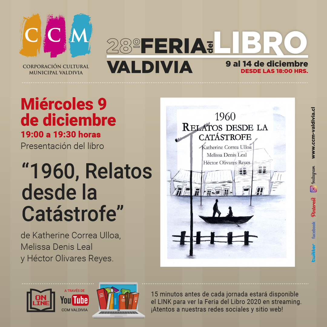 Programa 28º Feria del Libro de Valdivia - ON LINE
9 al 14 de diciembre 2020
Corporación Cultural Municipal de Valdivia
Charlas - Presentaciones - Cuenta Cuentos -Lecturas 👇🏼
Municipalidad de Valdivia. <a href="/valdiviacl/">Valdiviacl</a>