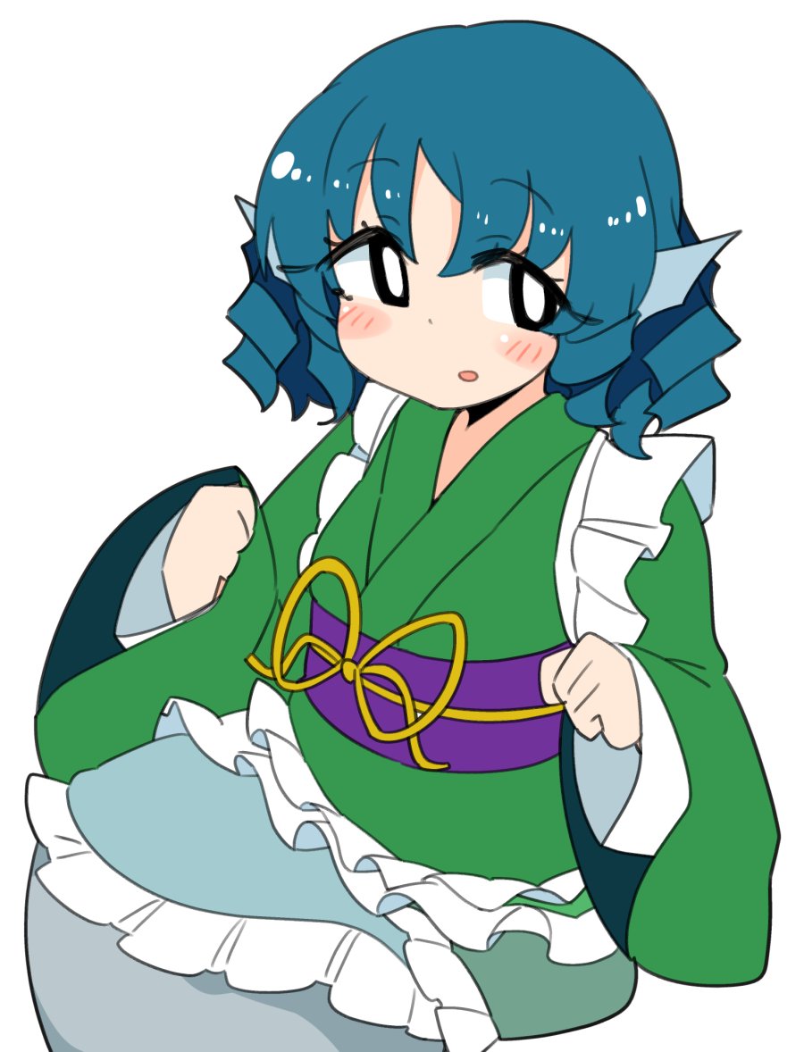 wakasagihime 1girl solo japanese clothes green kimono blue hair kimono head fins  illustration images