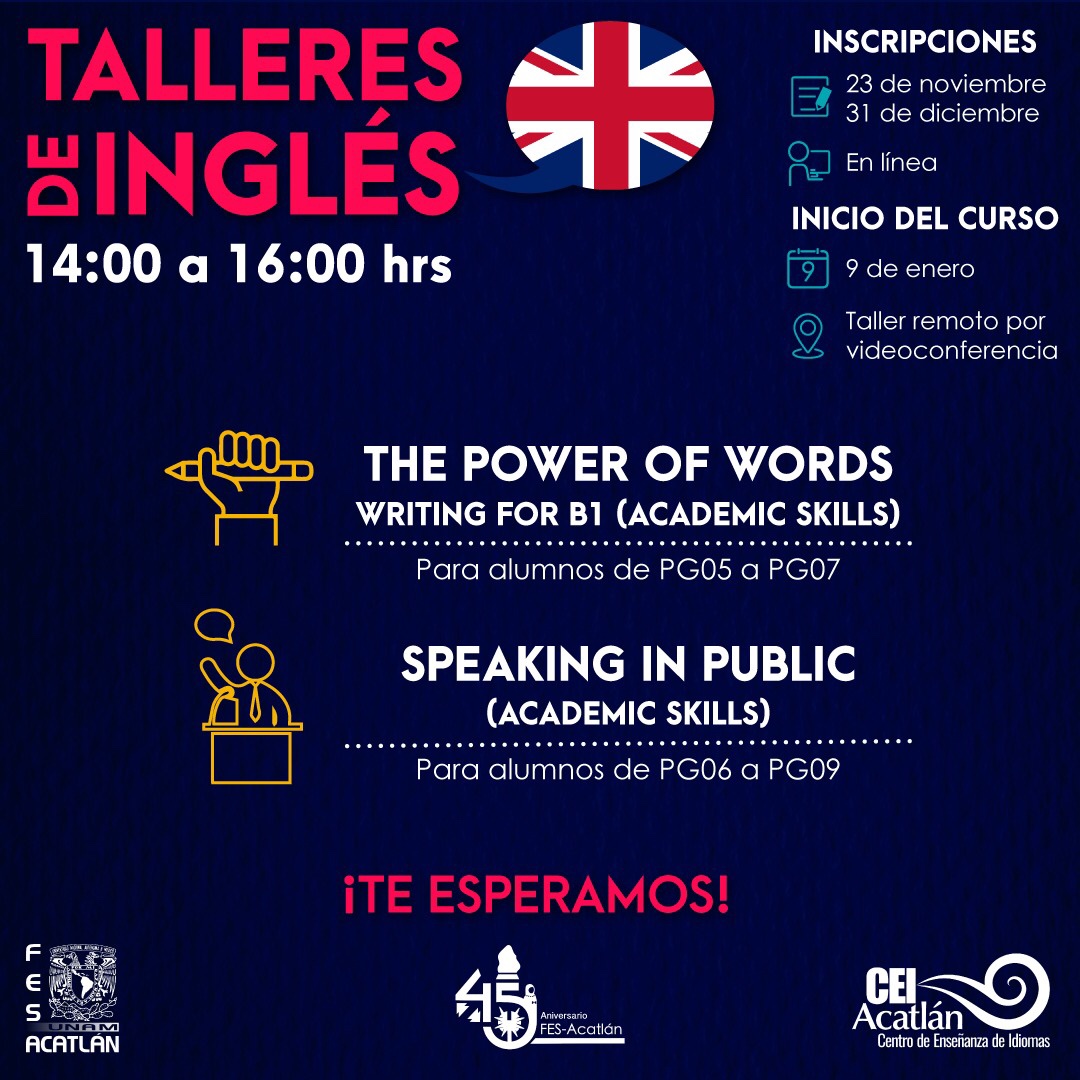 DFesacatlan's tweet photo. Estudia #2horas de #inglés los #sábados. Inscríbete al #taller de acuerdo a tu nivel de inglés.  Si eres de nuevo ingreso en el @CEI_ACATLAN , realiza REGISTRO de DATOS https://t.co/EXqhGJkEzJ y haz examen de colocación.
Inscripciones antes del 31 de Dic: https://t.co/0J3QfURN6P https://t.co/sxhhRMkNVg