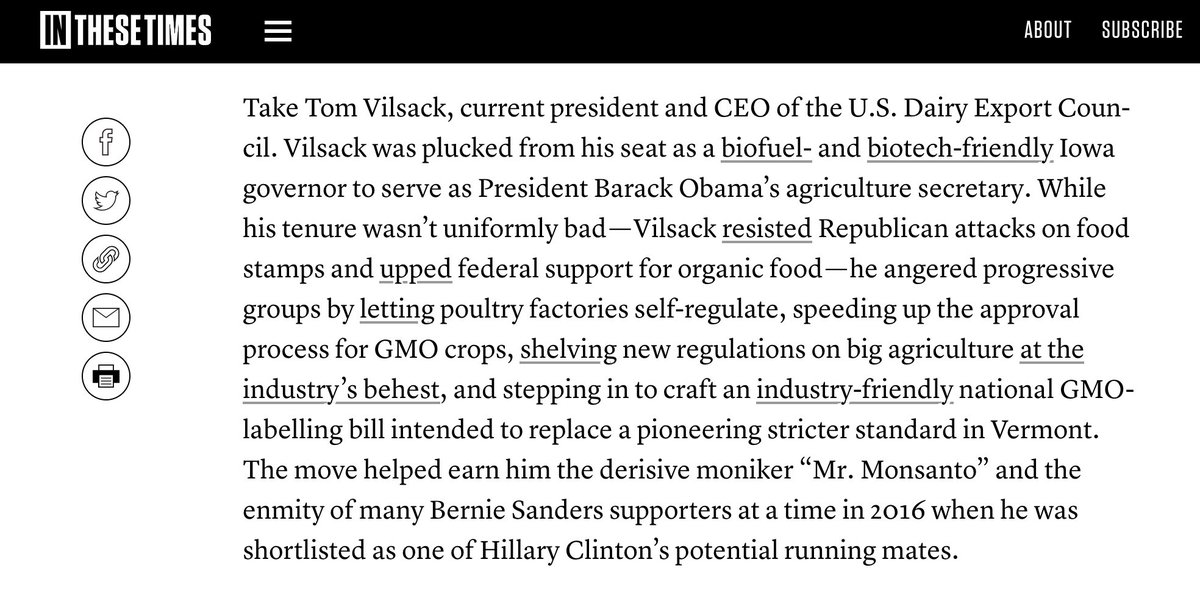 Branko Marcetic ( @BMarchetich) previously summarized for  @inthesetimesmag how Vilsack earned the moniker "Mr. Monsanto." While in Obama admin, he looked out for interests of agriculture and biotech corporations, especially when it came to GMOs.  https://inthesetimes.com/article/democratic-party-platform-dnc-joe-biden-bernie-sanders-task-forces