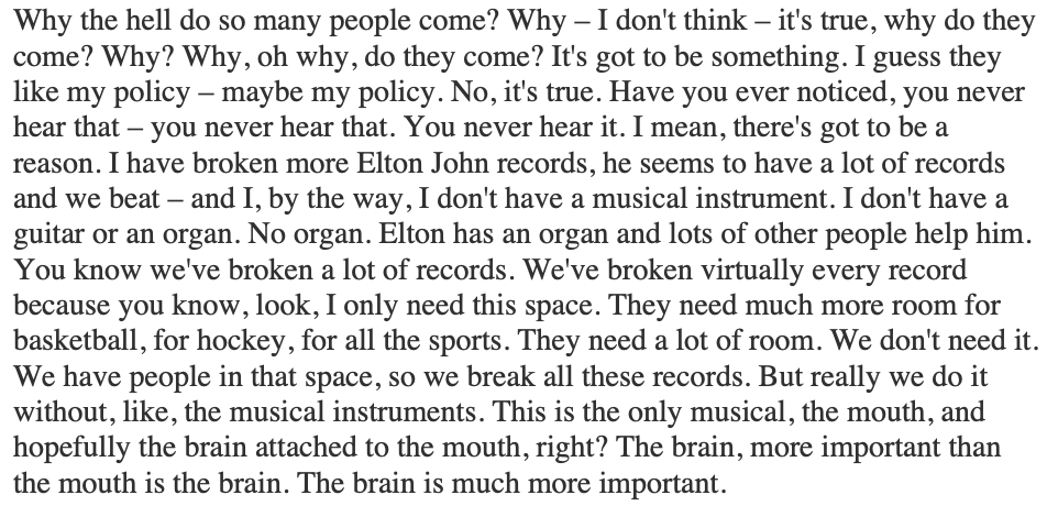 KBAndersen's tweet image. I've been reading MAGA transcripts for a project. Like this, from a 2018 rally in Great Falls, Montana, for 7,000 people. Realized it's Joycean outsider art – un-self-consciously self-conscious, crude and tedious but weirdly riveting. A 2-minute sample of the hour and a quarter:
