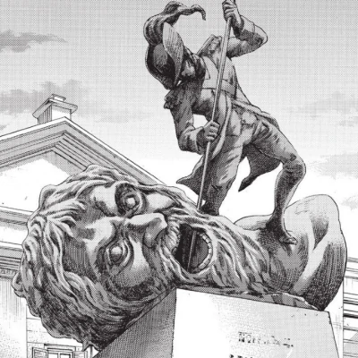 In the manga, we can see the statue of how he pierces titan's head, thereby saving other peoples from the annoyance of the demonic race.